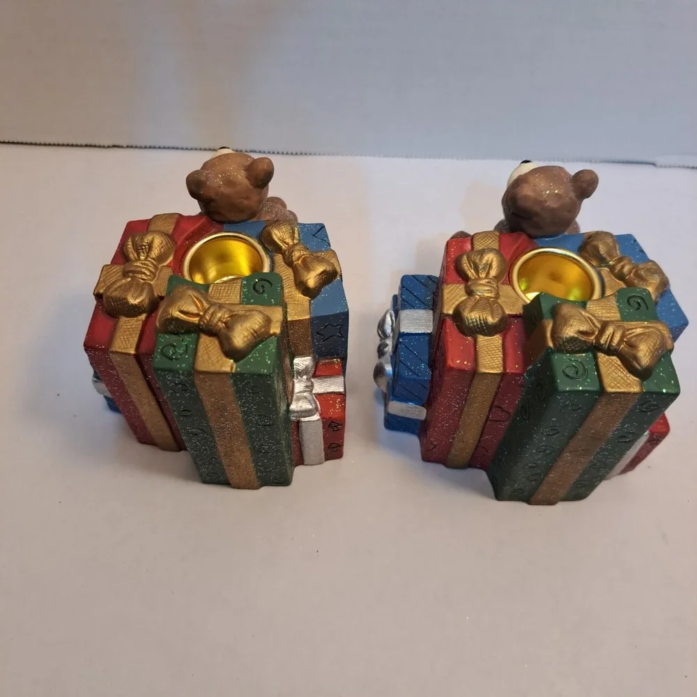 Vintage Christmas Present Teddy Bears Tapered Candle Holders Set of 2